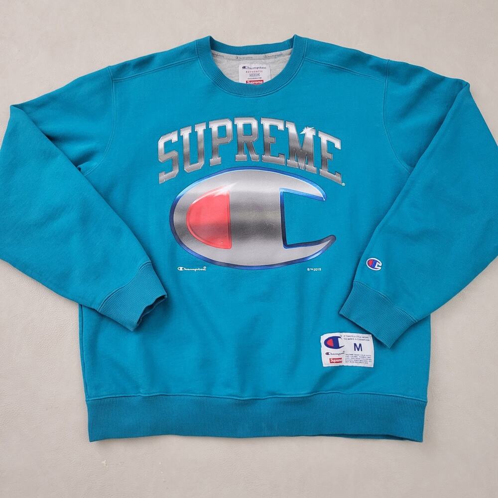 Supreme Champion Chrome Crewneck Teal Turquoise Size Medium